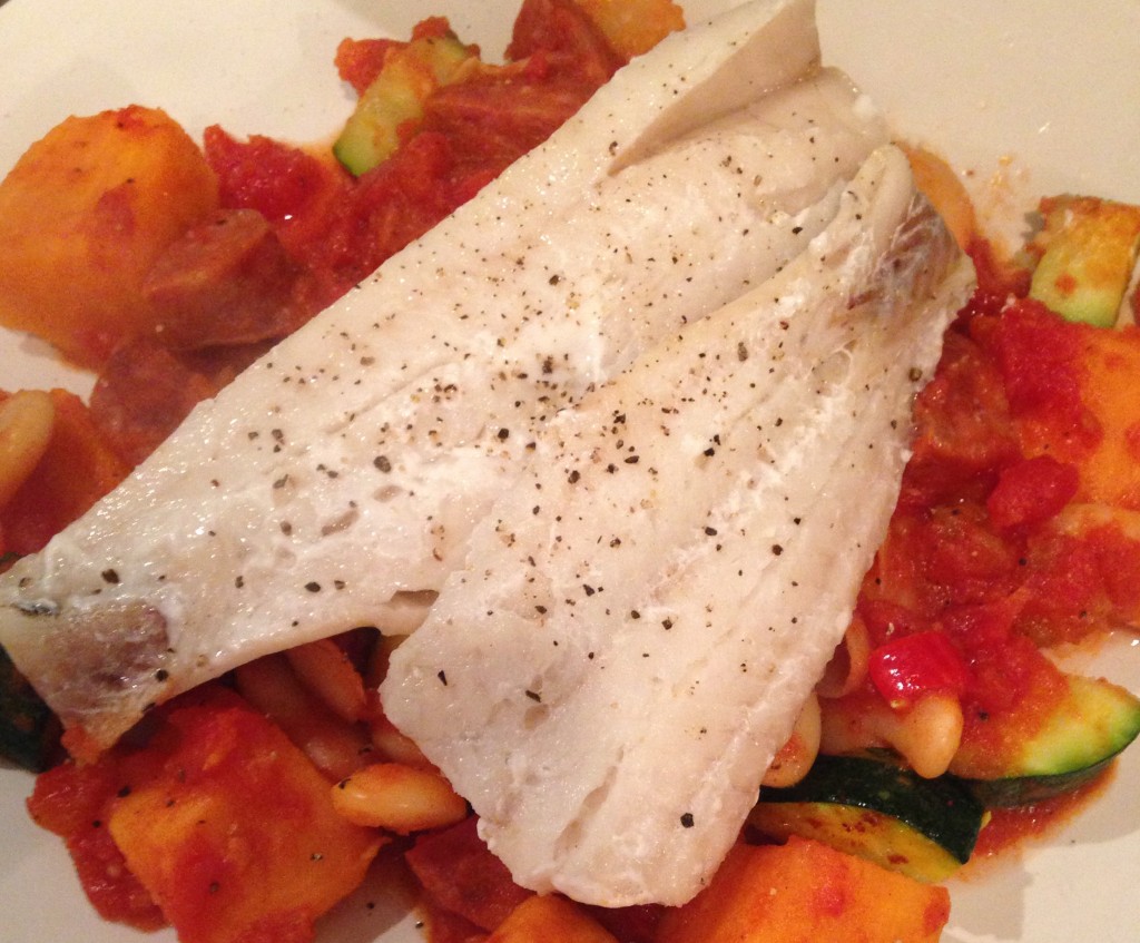Baked White Fish with Chorizo and Vegetable Stew