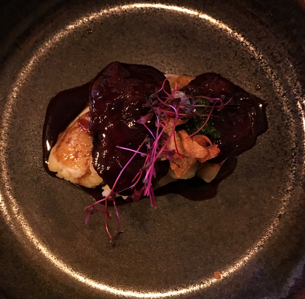 Braised Pork Cheeks with Turnip Top Salsa Verde