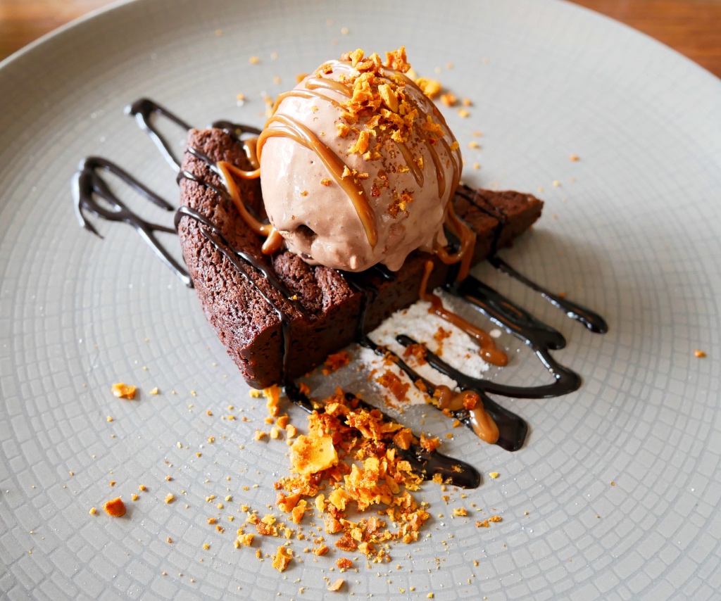 Chocolate Fudge Cake with Honeycomb, Chocolate Sauce and Chocolate Ice Cream
