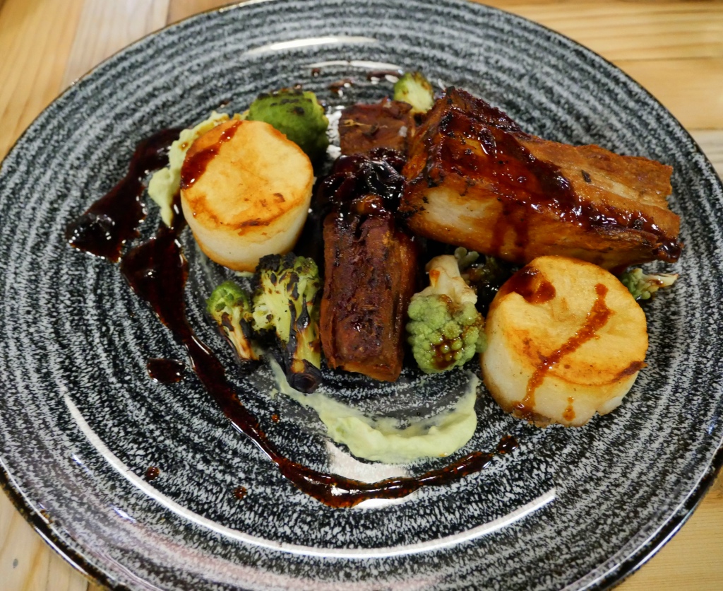 Slow Cooked Pork Belly with Fondant Potatoes and Romanesco